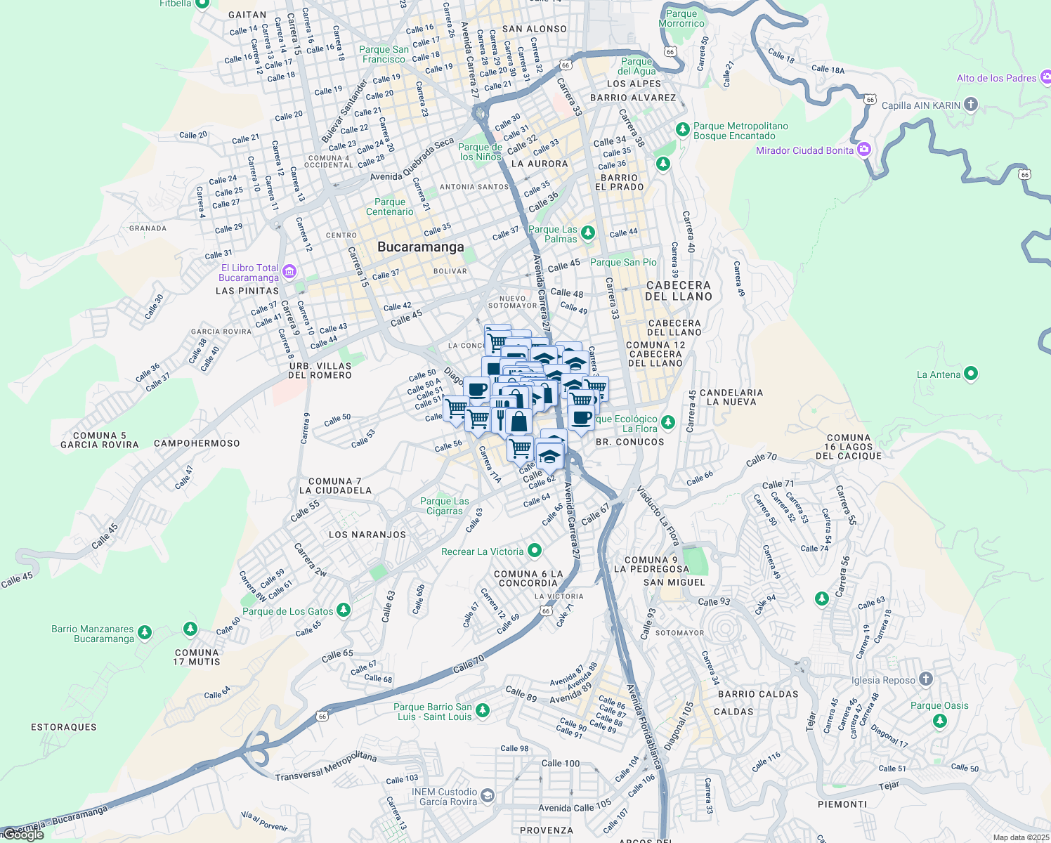 map of restaurants, bars, coffee shops, grocery stores, and more near Carrera 21 in Bucaramanga