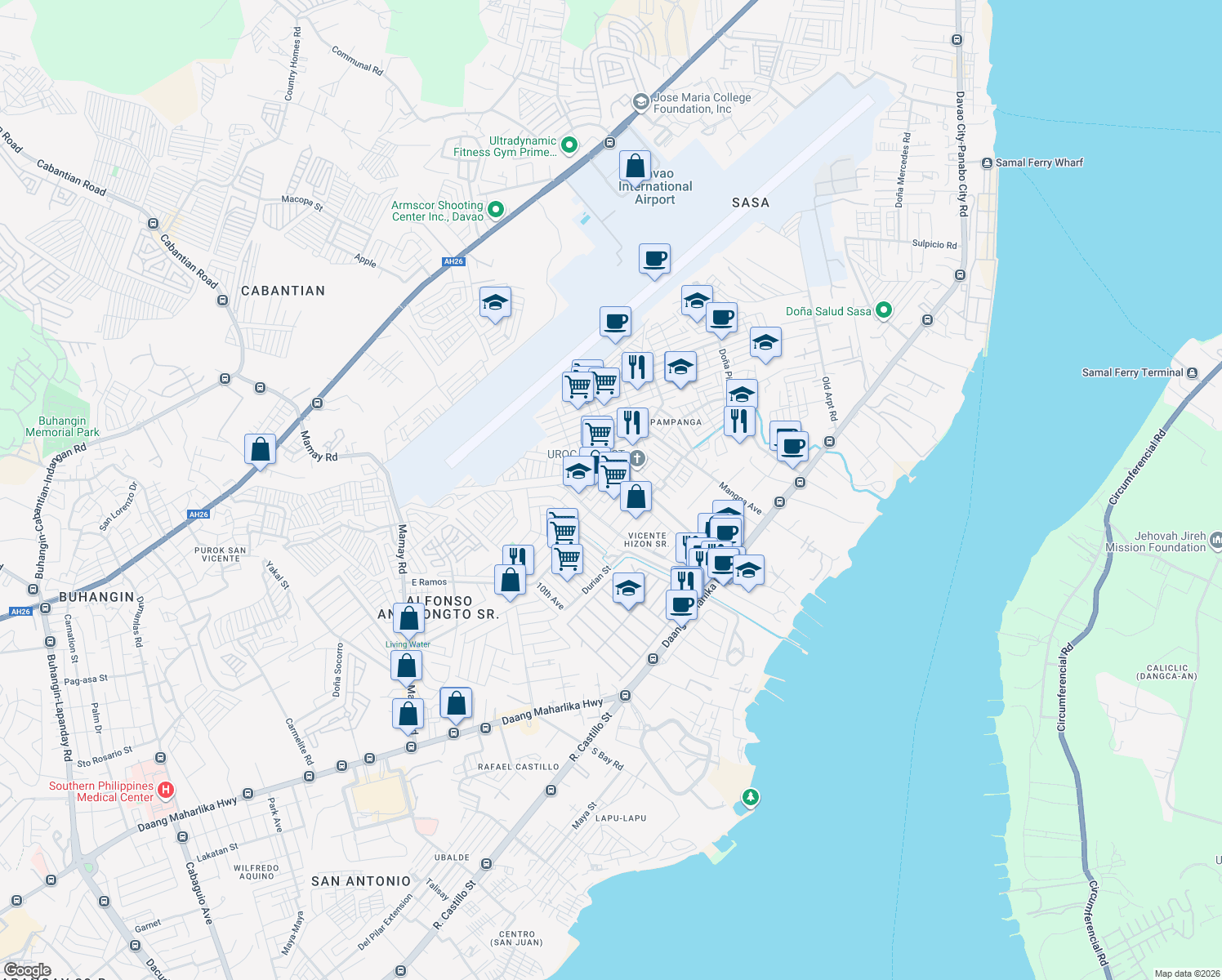 map of restaurants, bars, coffee shops, grocery stores, and more near Kalantas Street in Davao City