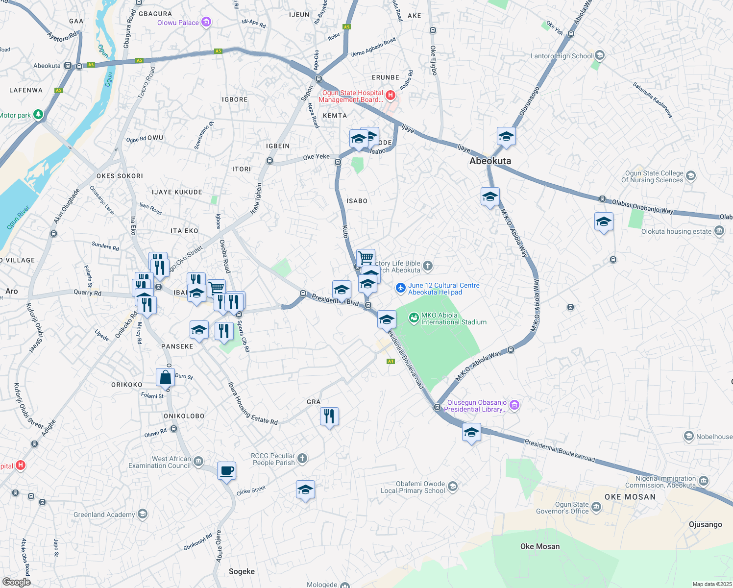map of restaurants, bars, coffee shops, grocery stores, and more near Kuto in Abeokuta