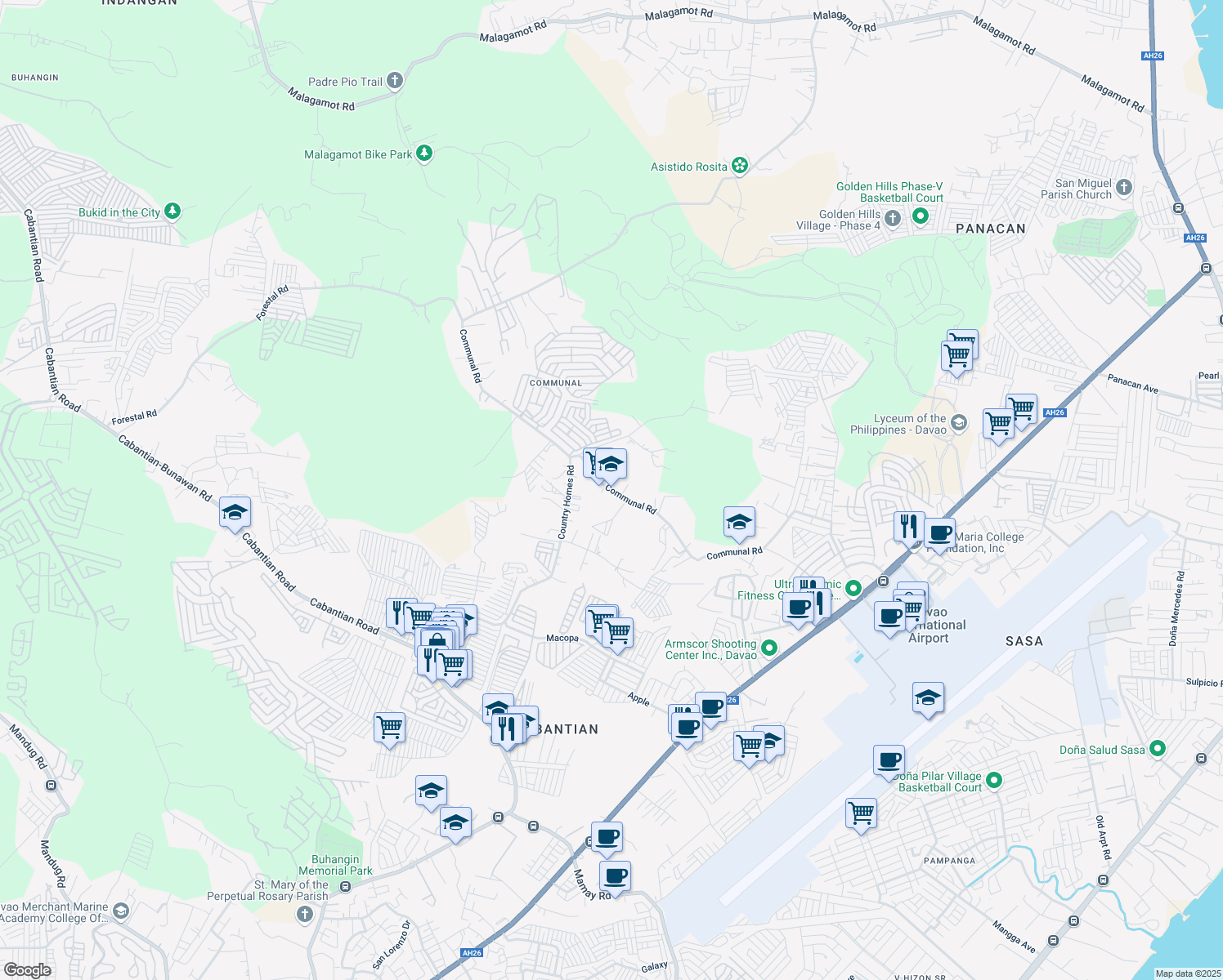 map of restaurants, bars, coffee shops, grocery stores, and more near Communal Road in Davao City