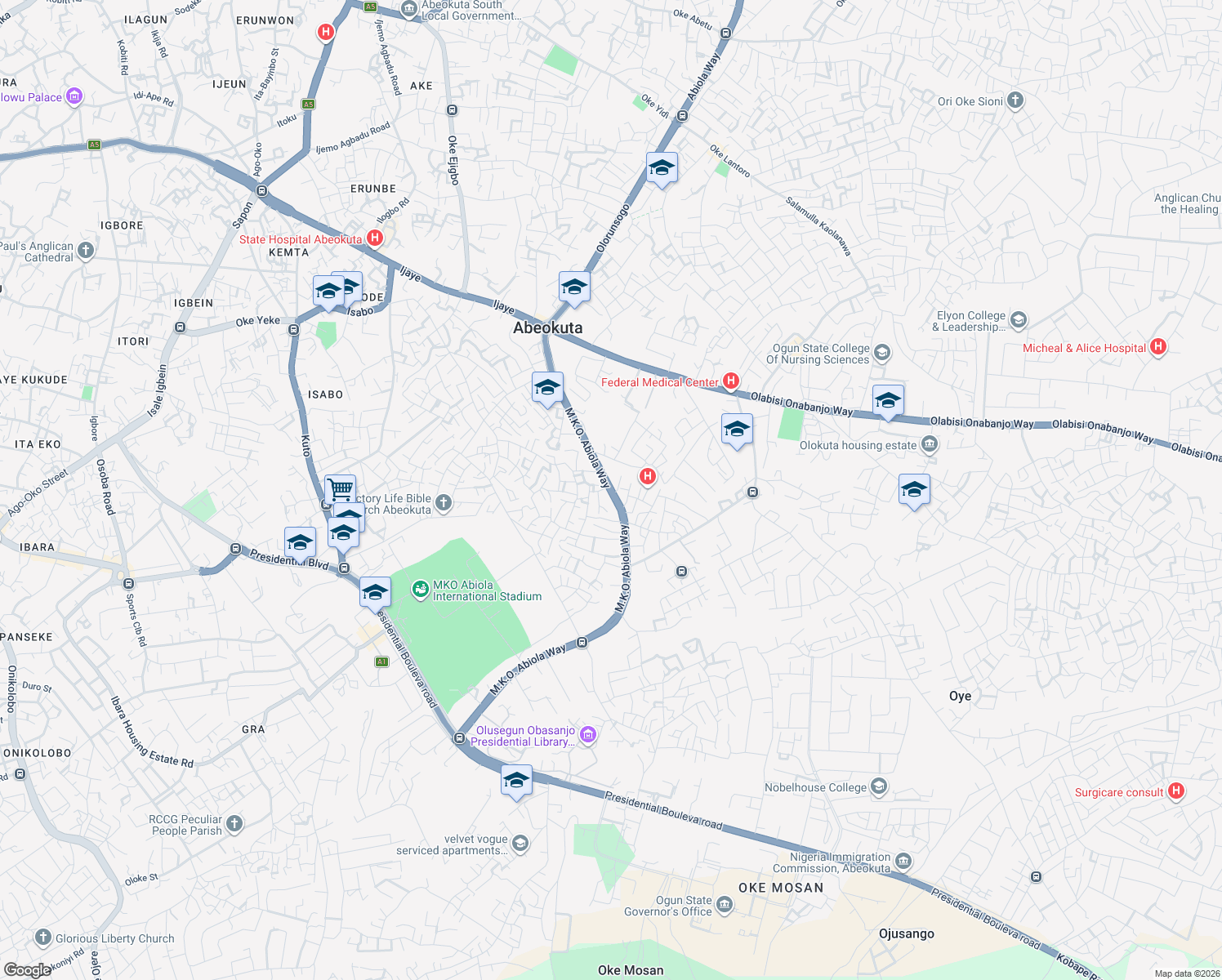 map of restaurants, bars, coffee shops, grocery stores, and more near M.K.O. Abiola Way in Abeokuta