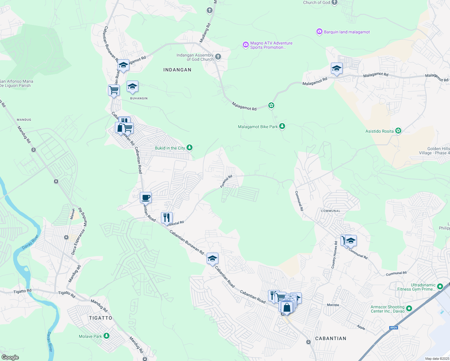 map of restaurants, bars, coffee shops, grocery stores, and more near Cabantian Forestal Road in Davao City