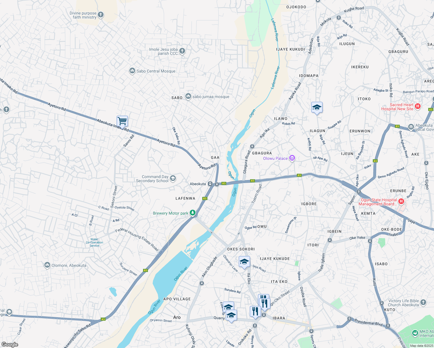 map of restaurants, bars, coffee shops, grocery stores, and more near Lafenwa in Abeokuta