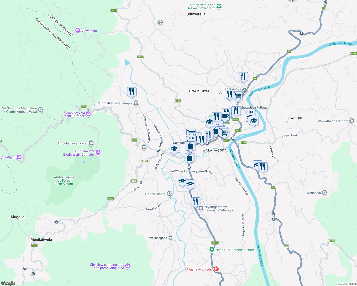 map of restaurants, bars, coffee shops, grocery stores, and more near Nidahas Mawatha in Gampola