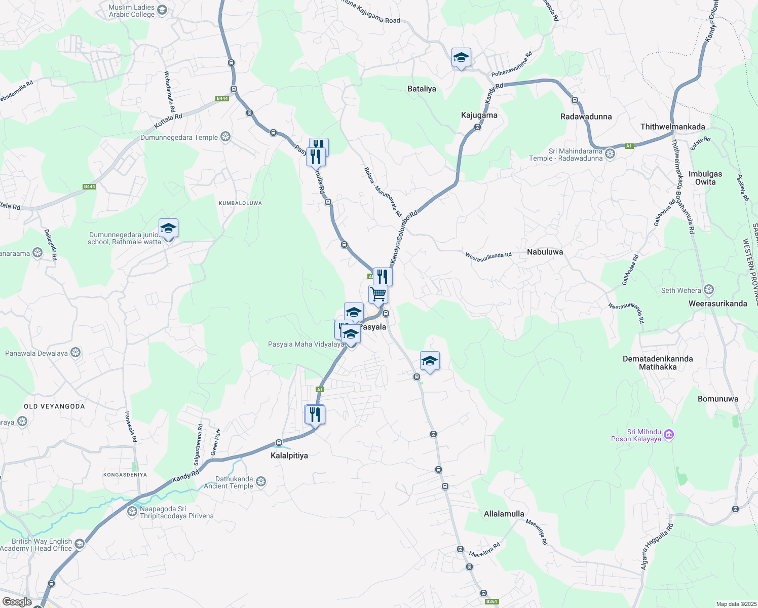 map of restaurants, bars, coffee shops, grocery stores, and more near Colombo-Kandy Road in Pasyala