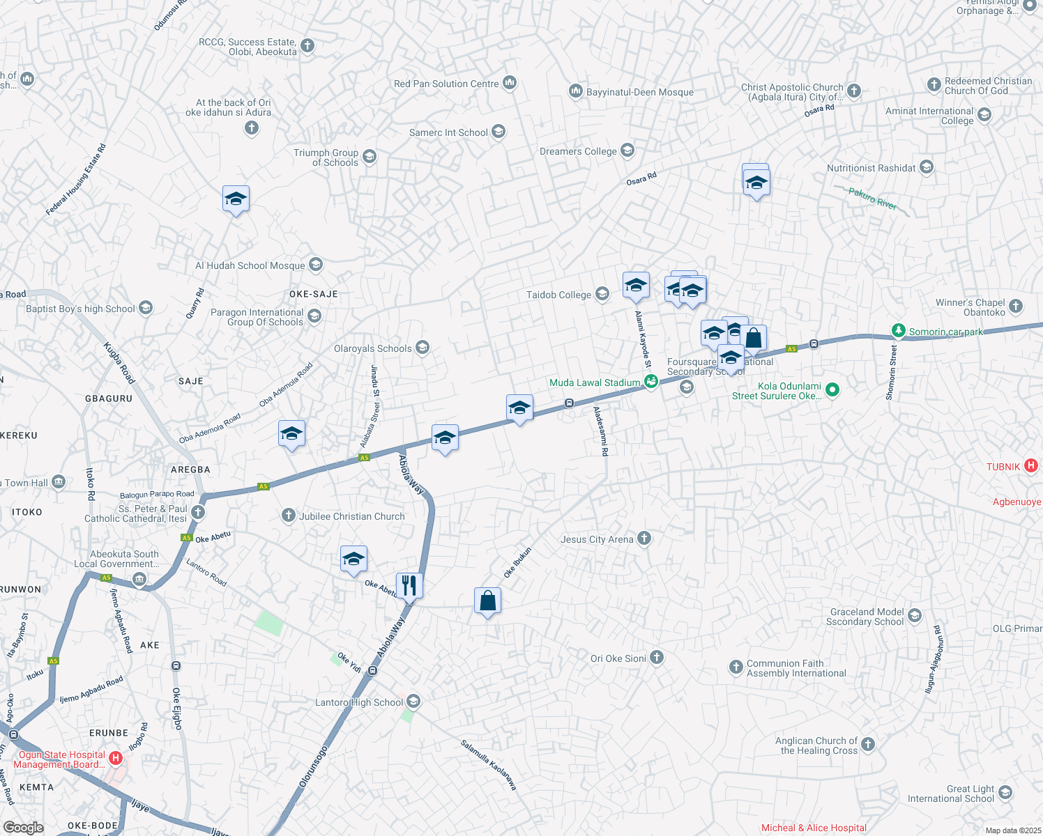 map of restaurants, bars, coffee shops, grocery stores, and more near Asero in Abeokuta