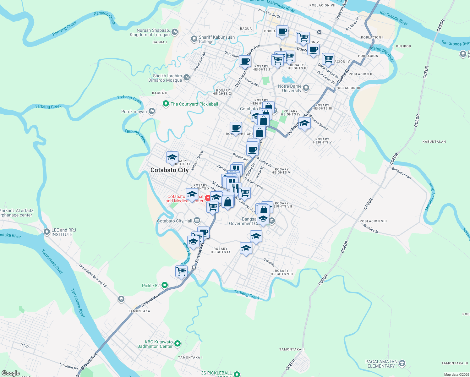 map of restaurants, bars, coffee shops, grocery stores, and more near 169 Sinsuat Avenue in Cotabato City