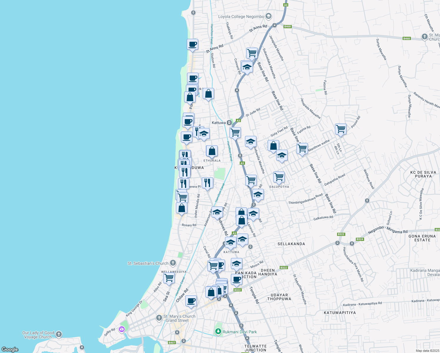 map of restaurants, bars, coffee shops, grocery stores, and more near Mailing address for Don Bosco Technical Centre-Negombo Sri Lanka . in Negombo
