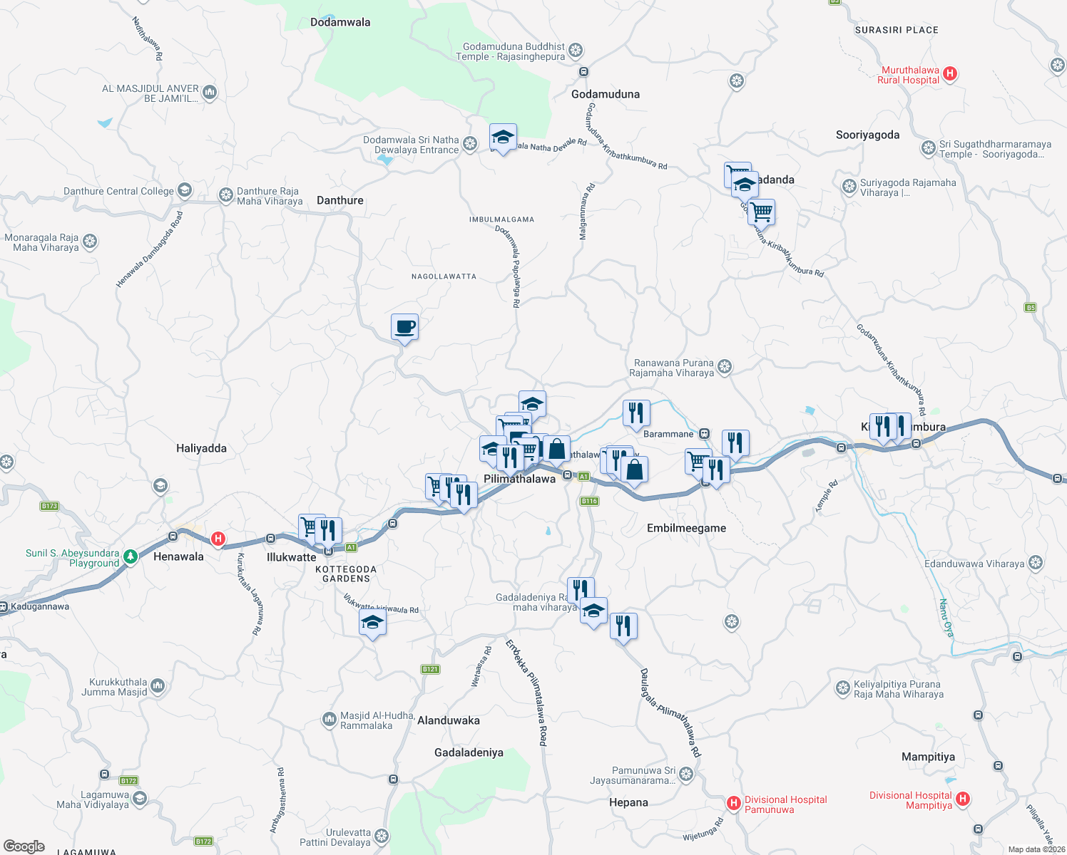 map of restaurants, bars, coffee shops, grocery stores, and more near Malgammana Road in Pilimathalawa
