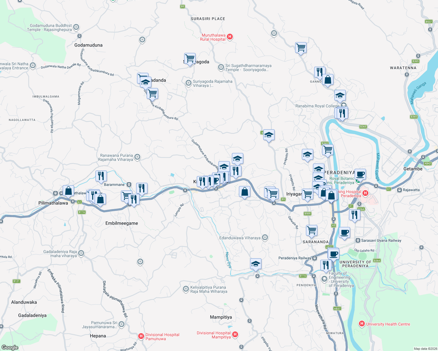 map of restaurants, bars, coffee shops, grocery stores, and more near Kiribathkumbura Wathurakumbura Road in Kiribathkumbura