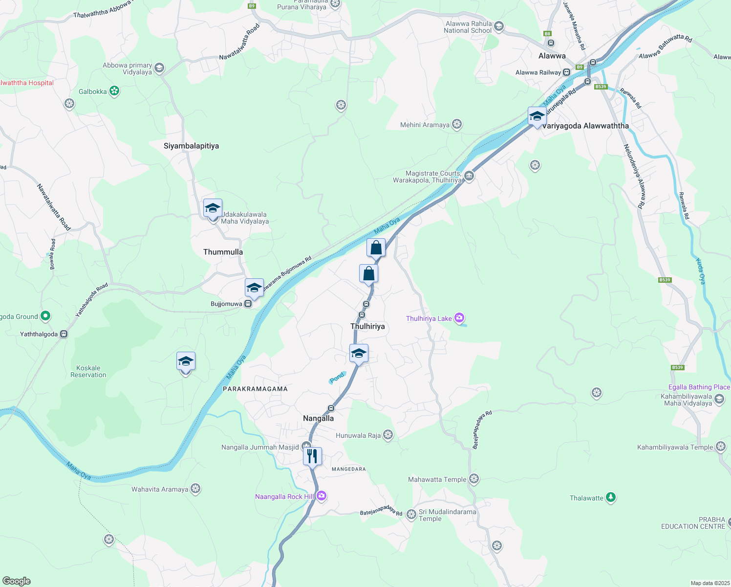 map of restaurants, bars, coffee shops, grocery stores, and more near Kurunegala Road in Thulhiriya