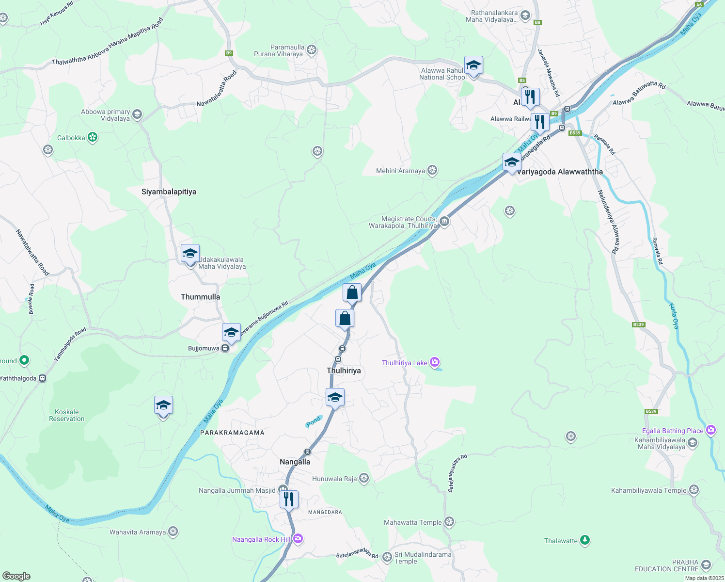 map of restaurants, bars, coffee shops, grocery stores, and more near Kurunegala Road in Thulhiriya