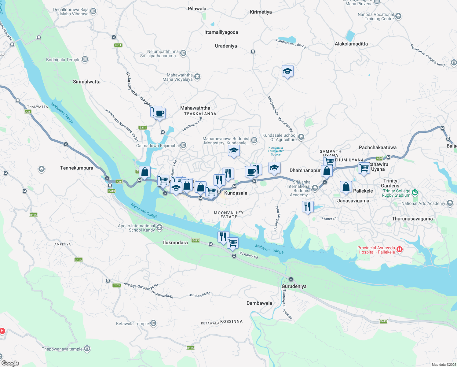 map of restaurants, bars, coffee shops, grocery stores, and more near Mahiyangana Road in Kundasale