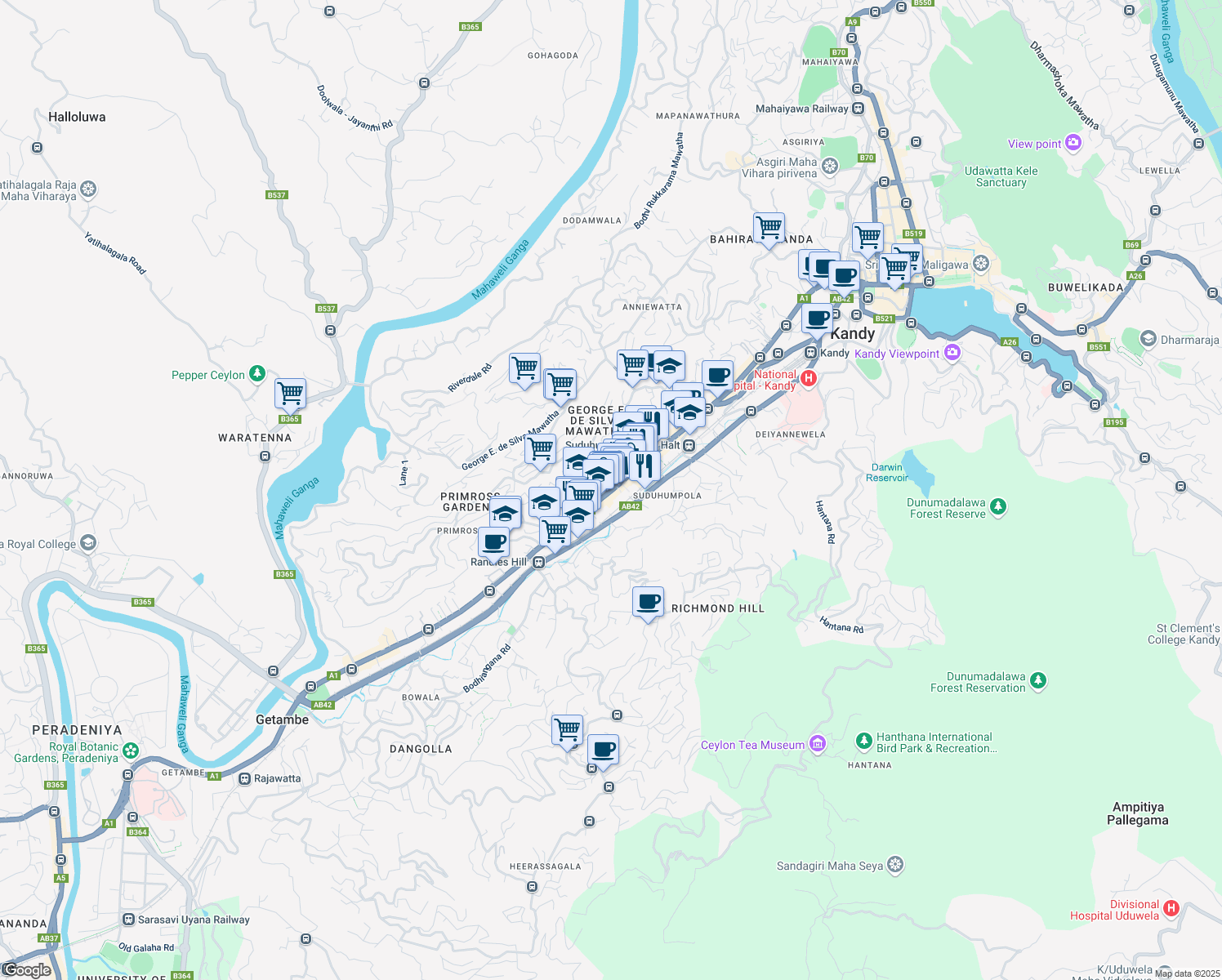 map of restaurants, bars, coffee shops, grocery stores, and more near Peradeniya Road in Kandy