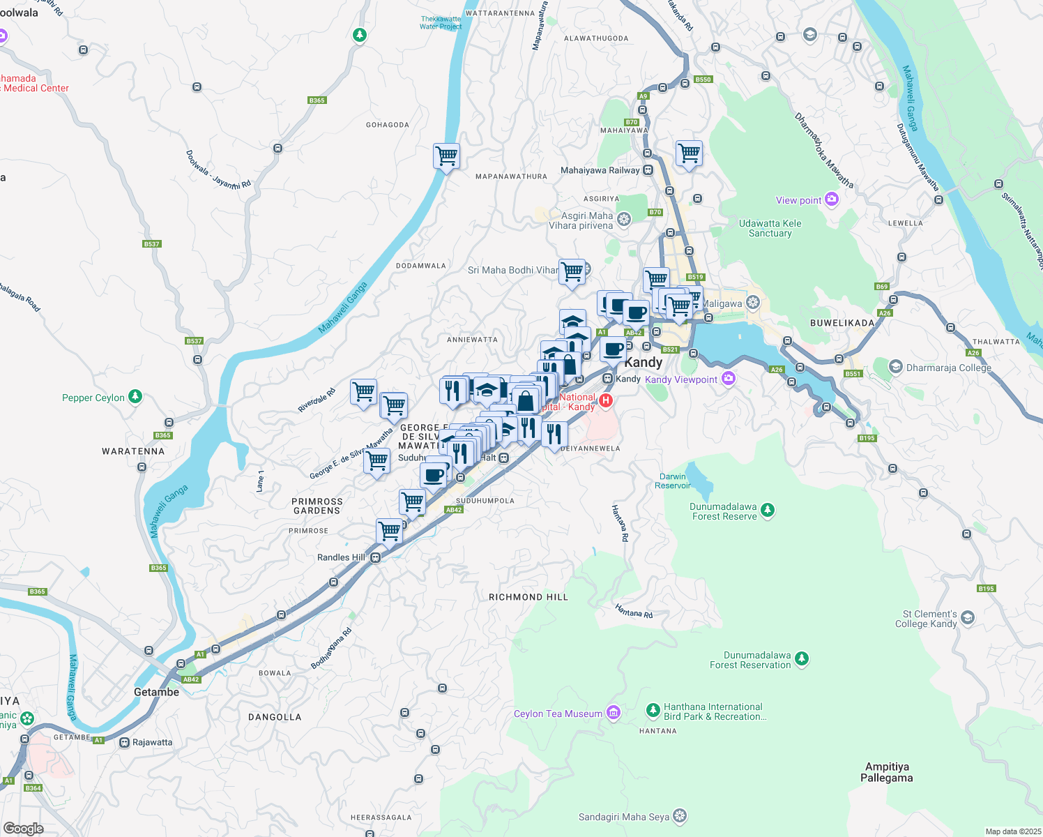 map of restaurants, bars, coffee shops, grocery stores, and more near Peradeniya Road in Kandy