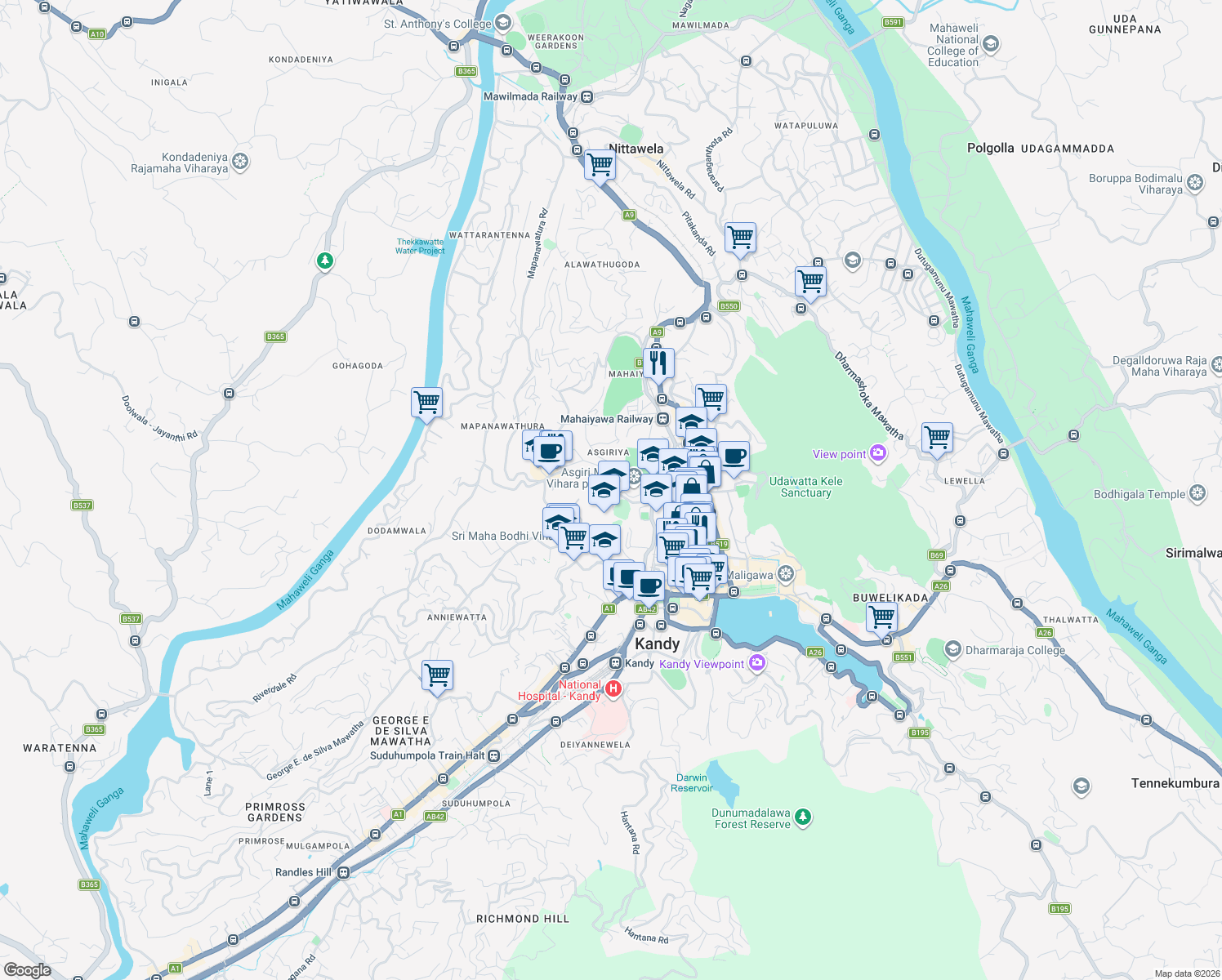 map of restaurants, bars, coffee shops, grocery stores, and more near Wariyapola Sri Sumangala Mawatha in Kandy