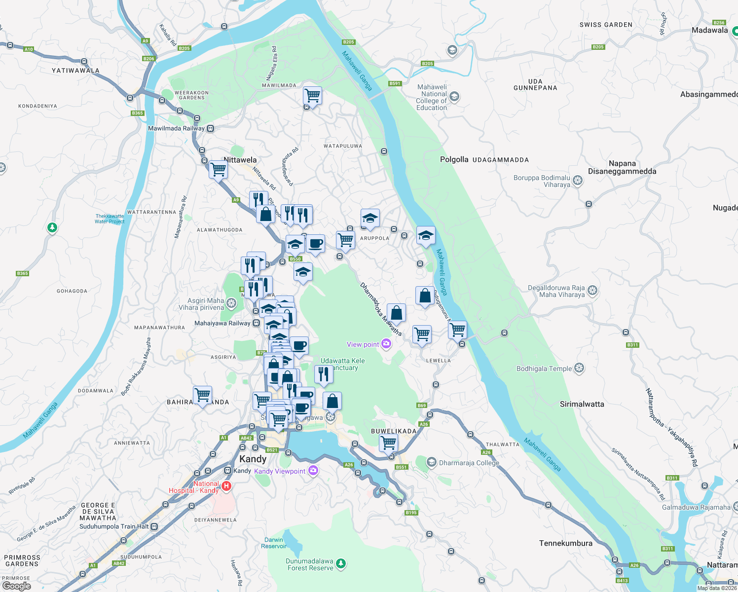map of restaurants, bars, coffee shops, grocery stores, and more near Dharmashoka Mawatha in Kandy