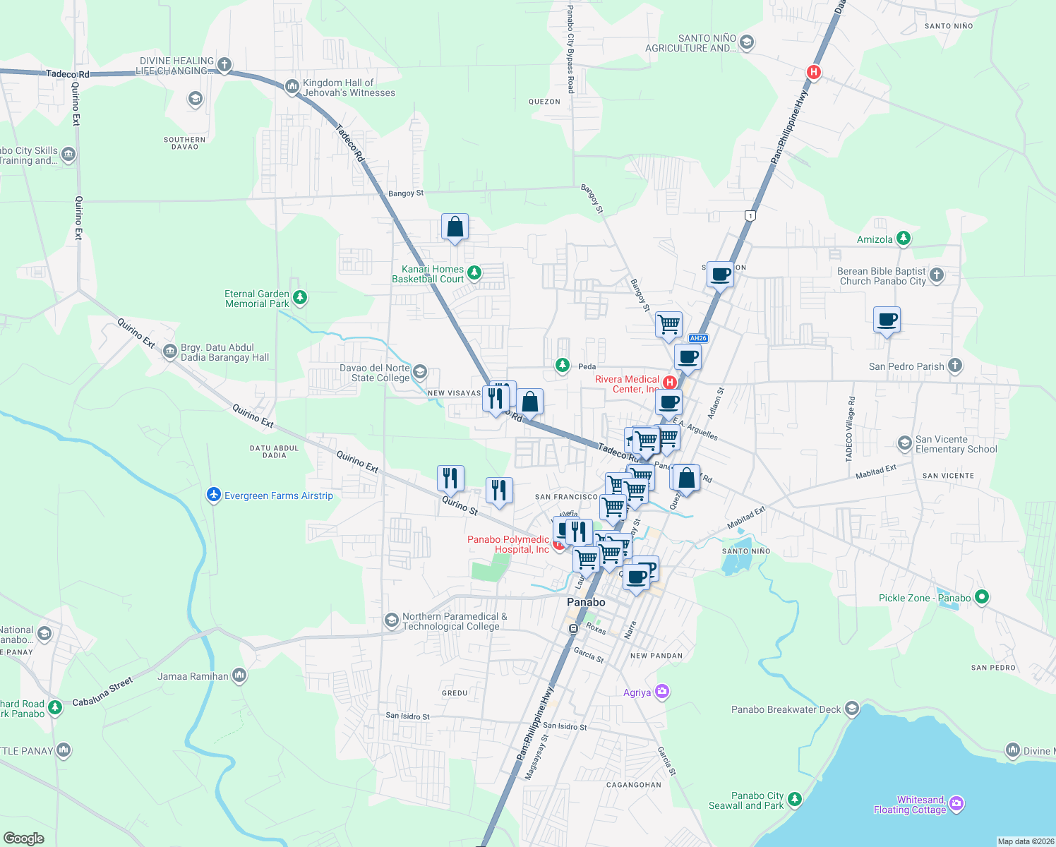 map of restaurants, bars, coffee shops, grocery stores, and more near Tadeco Road in Panabo
