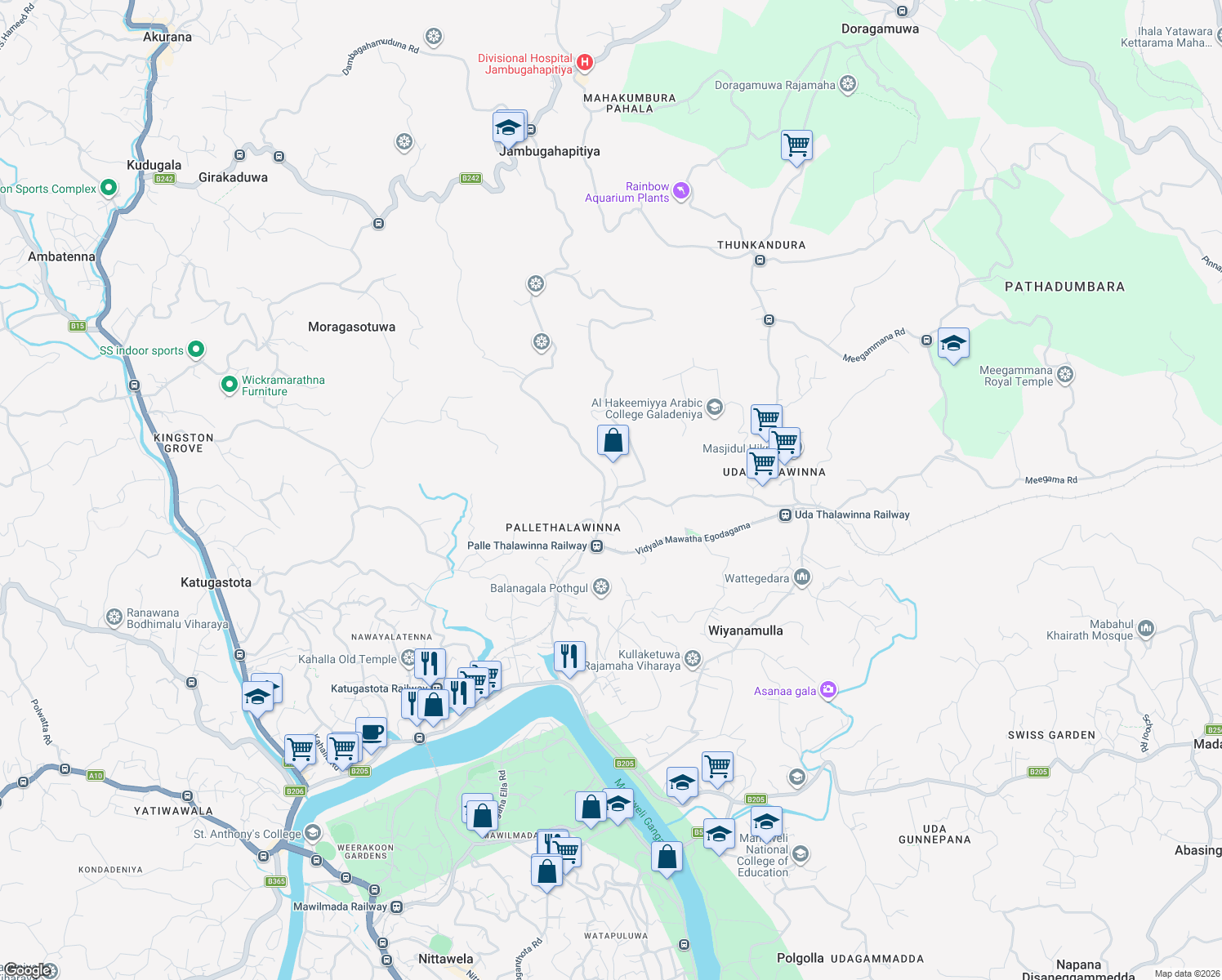 map of restaurants, bars, coffee shops, grocery stores, and more near Jambugahapitiya - Pallethalawinna Road in Katugastota
