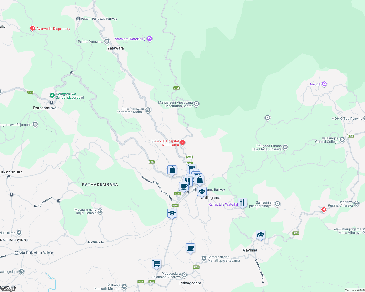 map of restaurants, bars, coffee shops, grocery stores, and more near Wattegama - Kandenuwara - Wariyapola Road in Wattegama