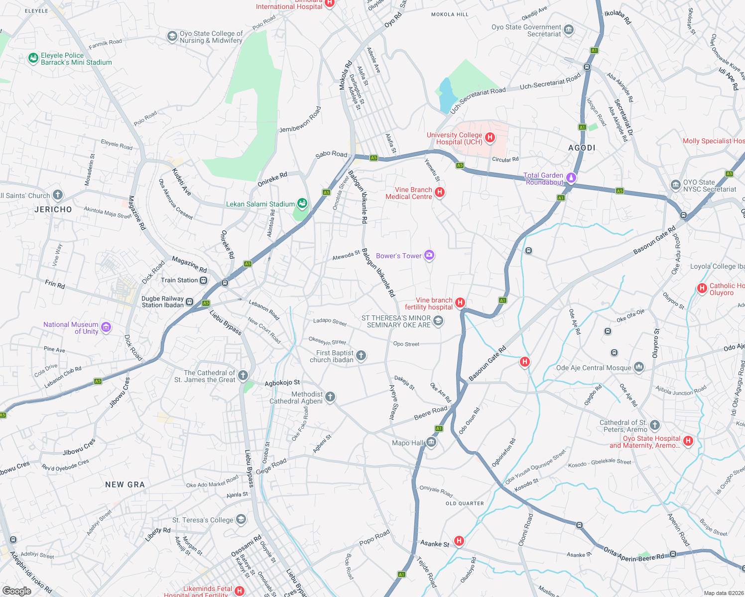 map of restaurants, bars, coffee shops, grocery stores, and more near Balogun Ibikunle Road in Ibadan
