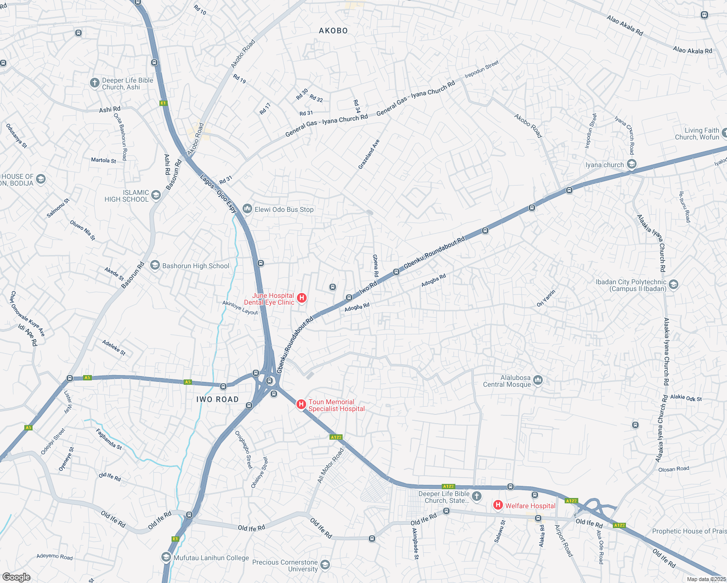 map of restaurants, bars, coffee shops, grocery stores, and more near Iwo Road in Ibadan