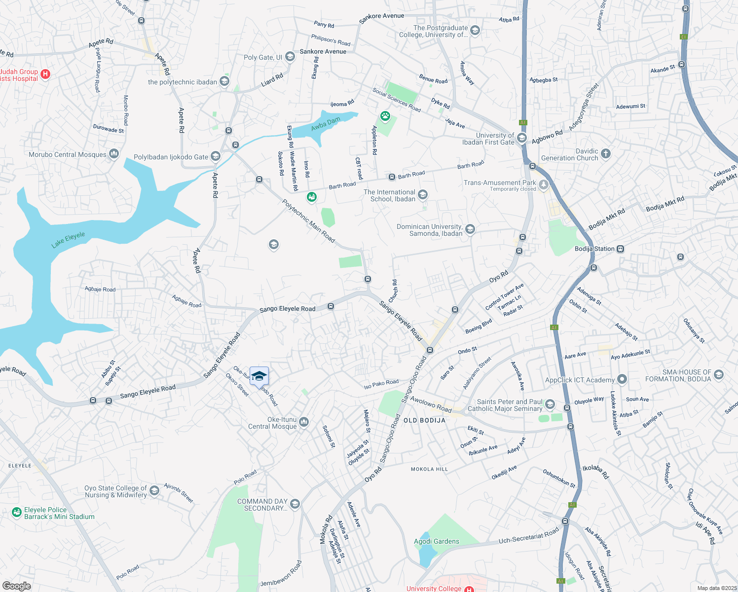 map of restaurants, bars, coffee shops, grocery stores, and more near Sango Eleyele Road in Ibadan