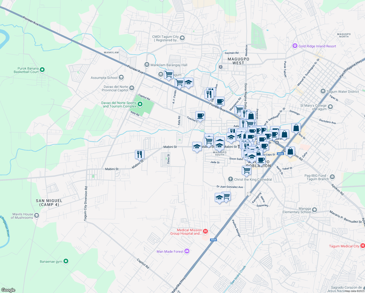 map of restaurants, bars, coffee shops, grocery stores, and more near Mabini Street in Tagum City