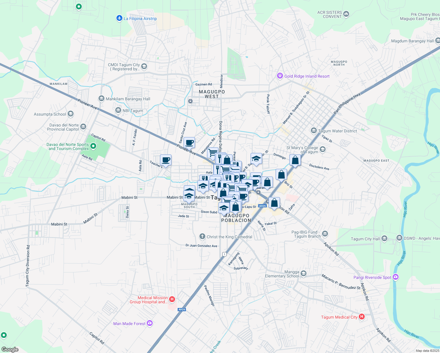 map of restaurants, bars, coffee shops, grocery stores, and more near Sobrecary Street in Tagum City