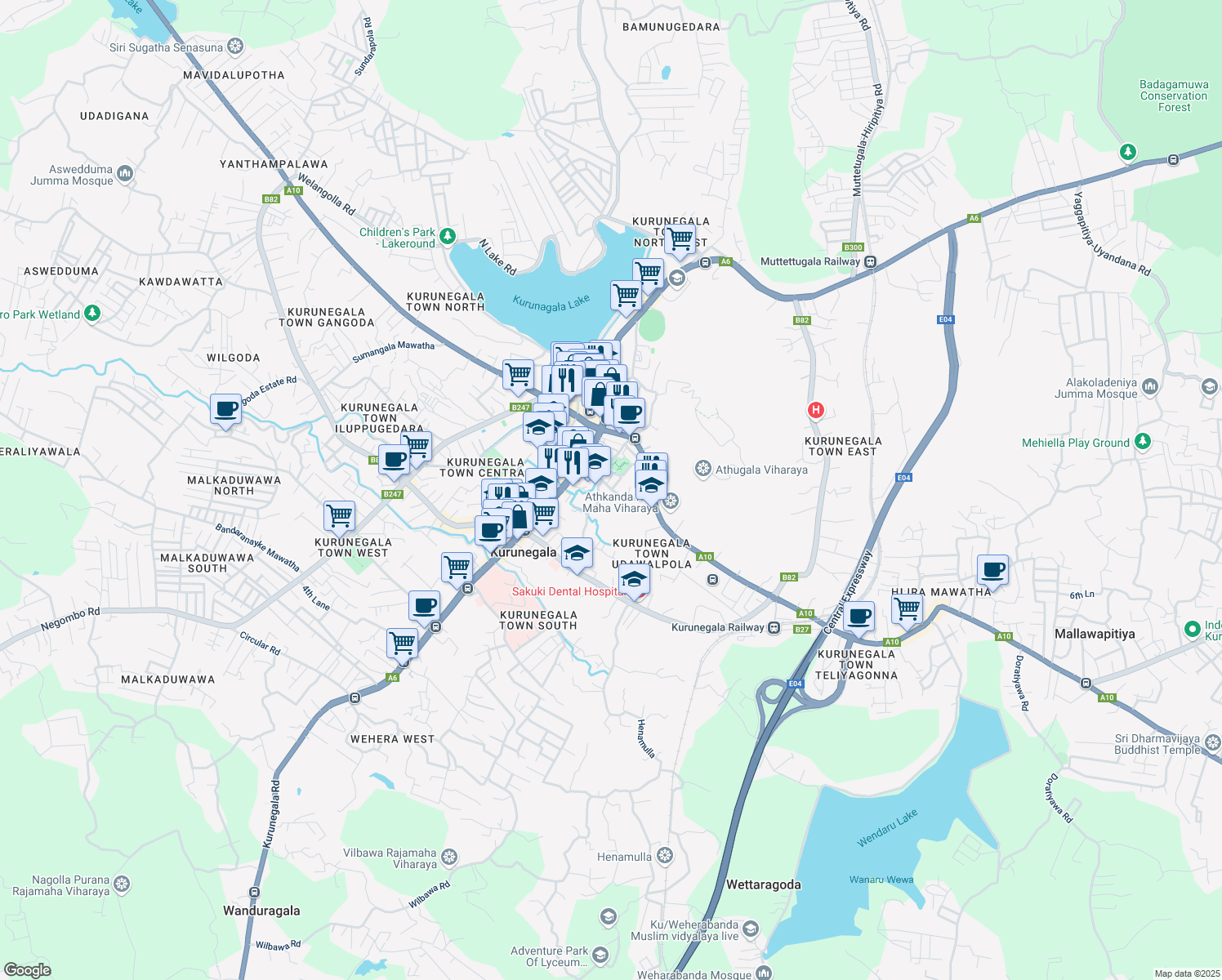 map of restaurants, bars, coffee shops, grocery stores, and more near Rajapihilla Road in Kurunegala