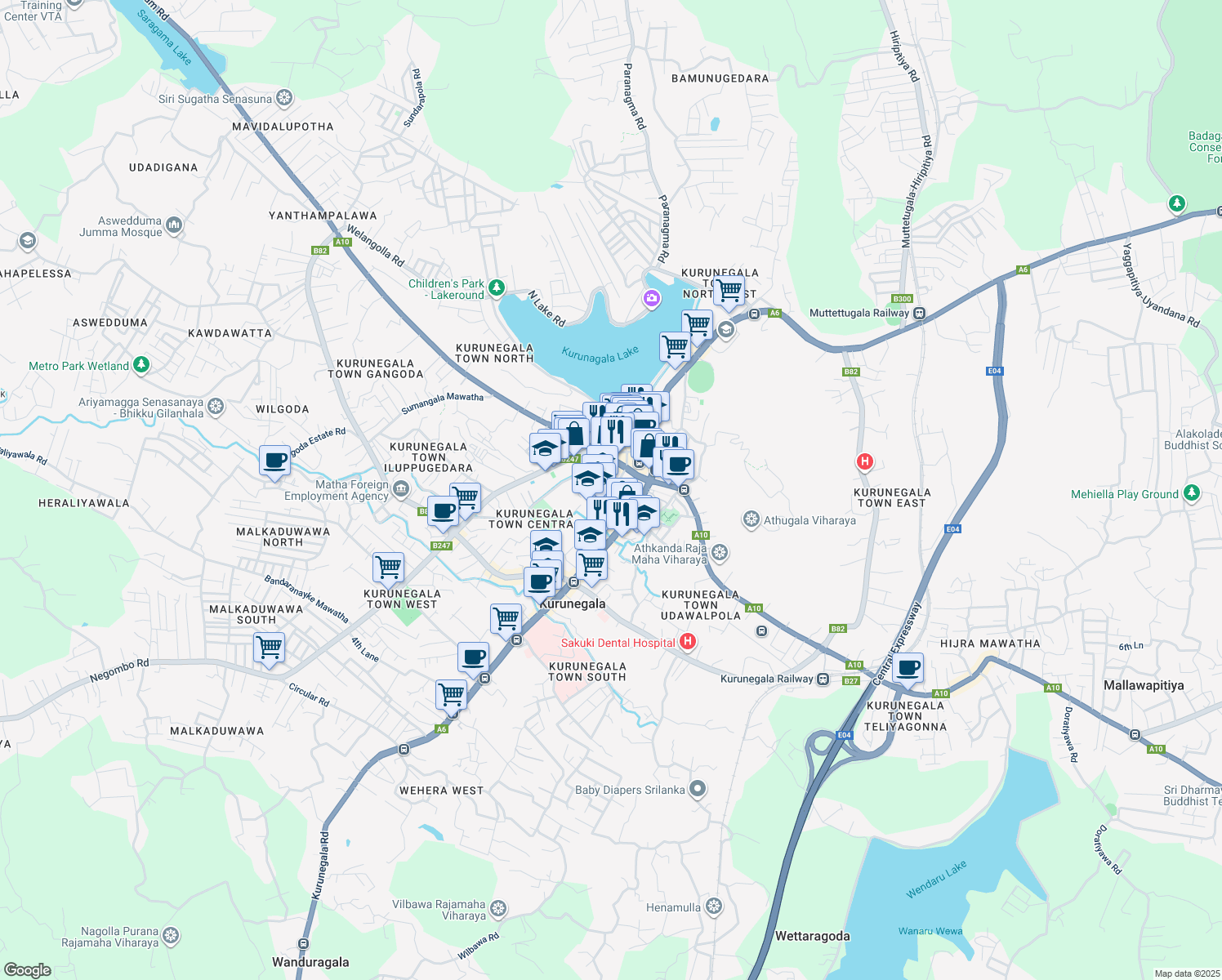 map of restaurants, bars, coffee shops, grocery stores, and more near Mihindu Mawatha in Kurunegala