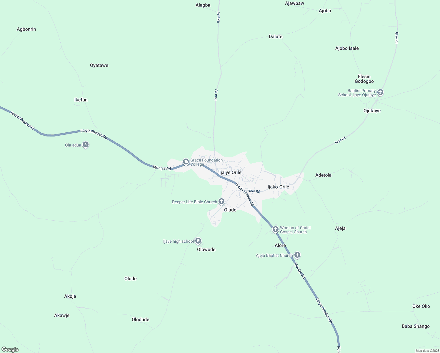 map of restaurants, bars, coffee shops, grocery stores, and more near Iseyin-Ibadan Road in Ijaiye Orile