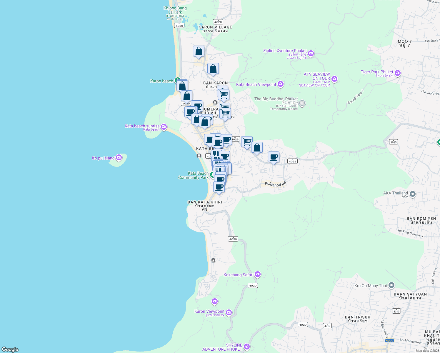 map of restaurants, bars, coffee shops, grocery stores, and more near 3 Thanon Kata in Tambon Karon