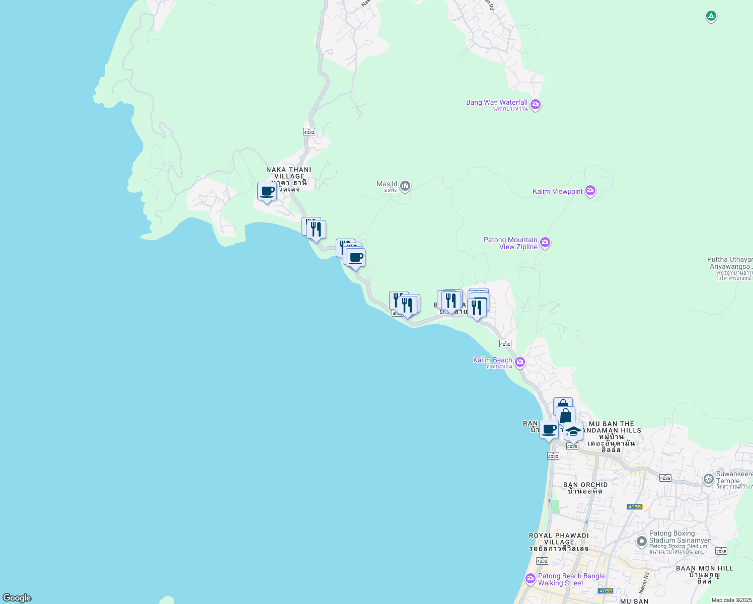 map of restaurants, bars, coffee shops, grocery stores, and more near 48 Kammala - Patong Road in Tambon Kamala
