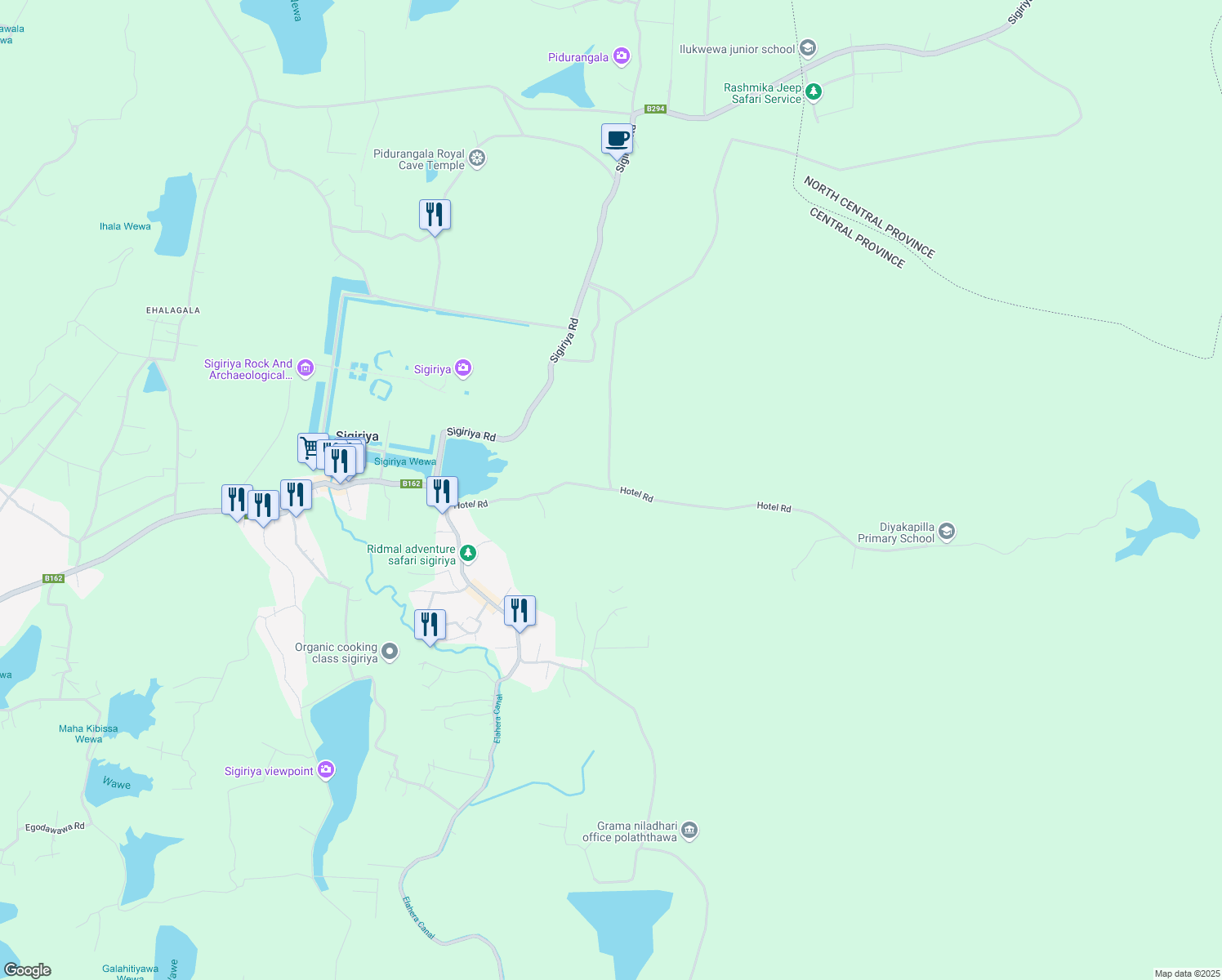 map of restaurants, bars, coffee shops, grocery stores, and more near Hotel Road in Sigiriya