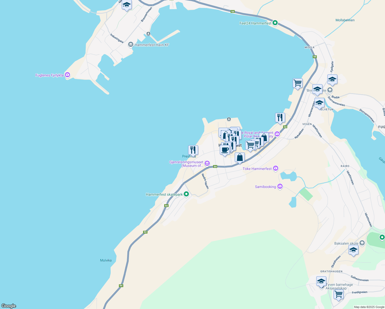 map of restaurants, bars, coffee shops, grocery stores, and more near Jernbanetrasken in Hammerfest