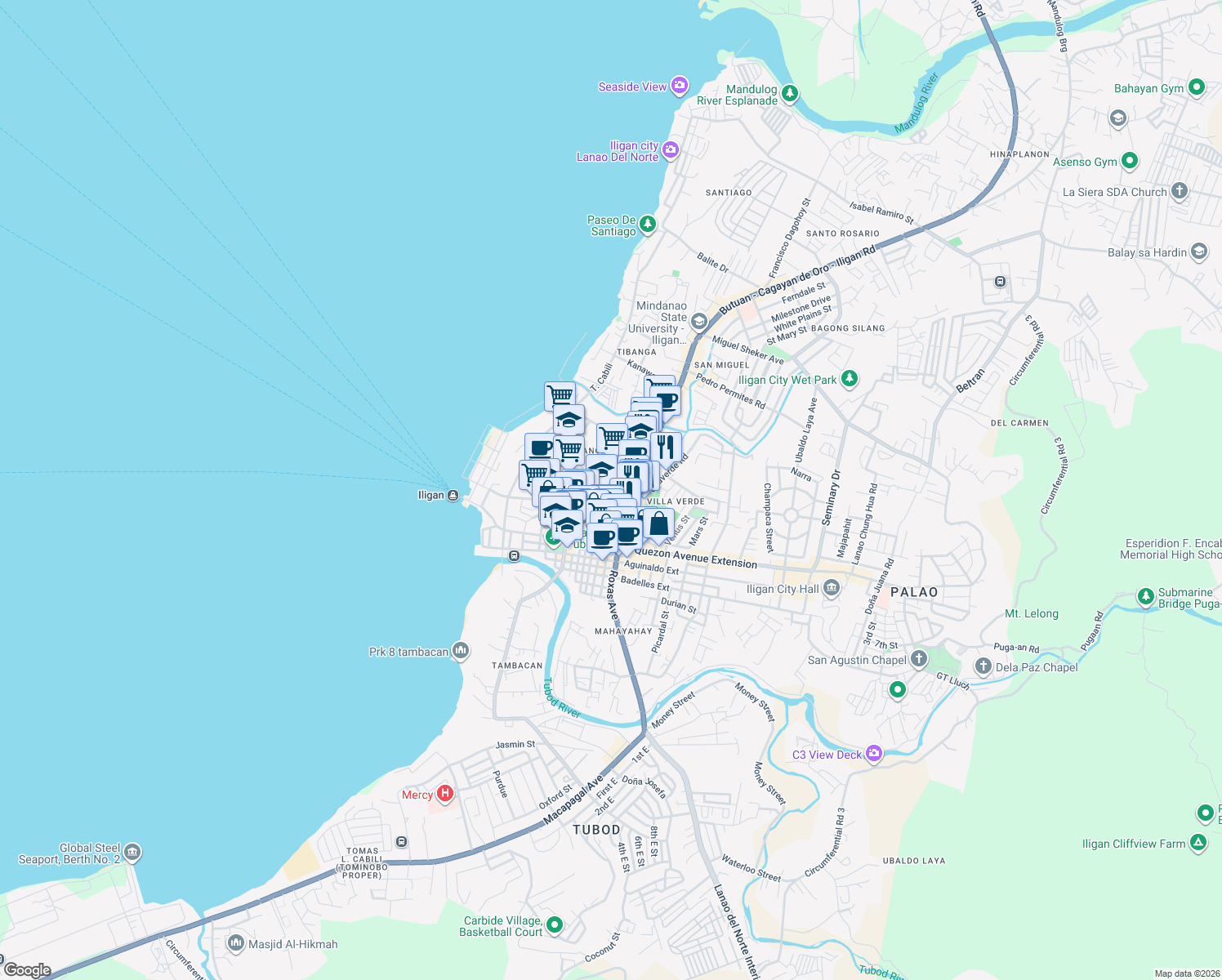 map of restaurants, bars, coffee shops, grocery stores, and more near Mariano Badelles Sr. Street in Iligan City