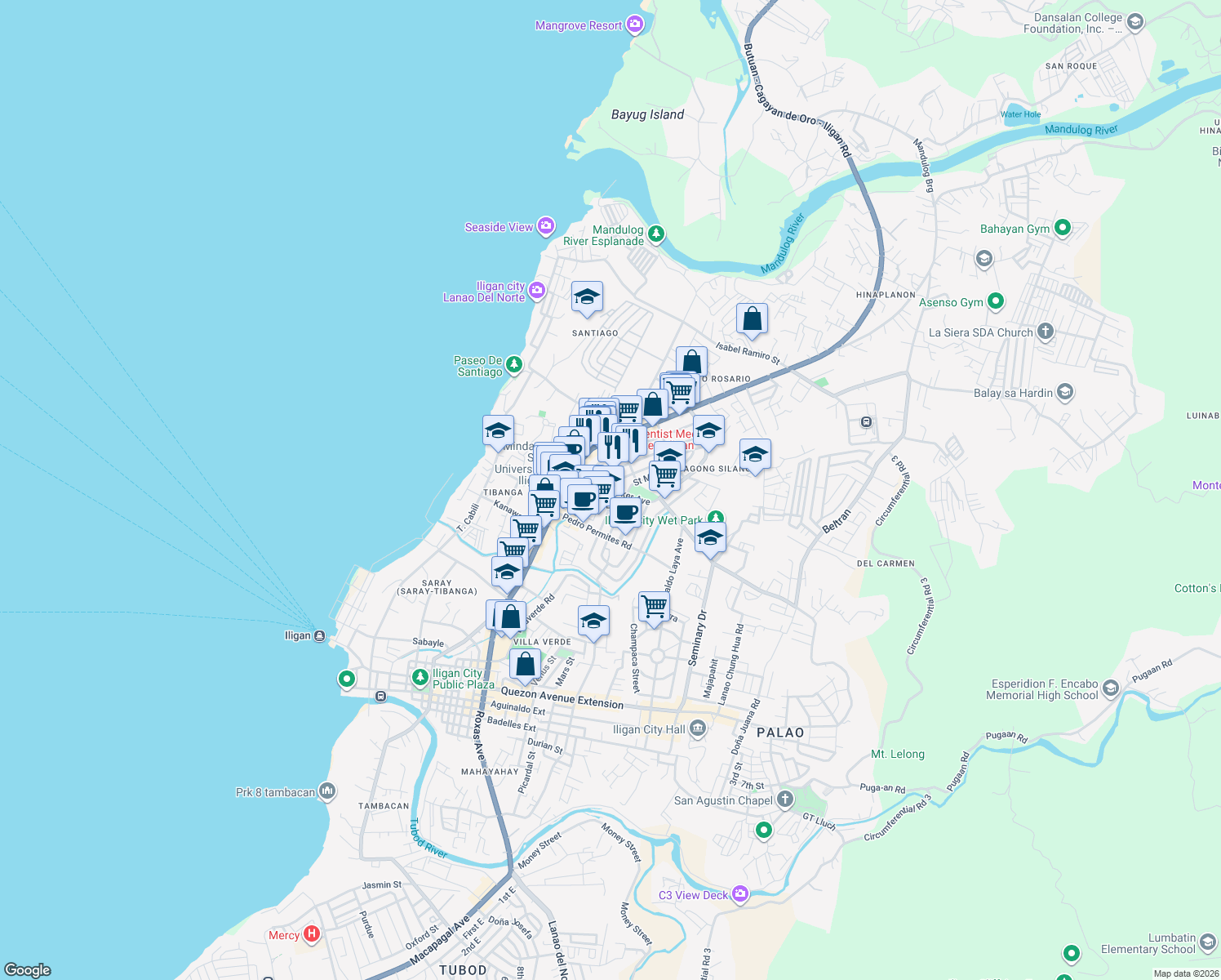map of restaurants, bars, coffee shops, grocery stores, and more near Miguel Sheker Avenue in Iligan City
