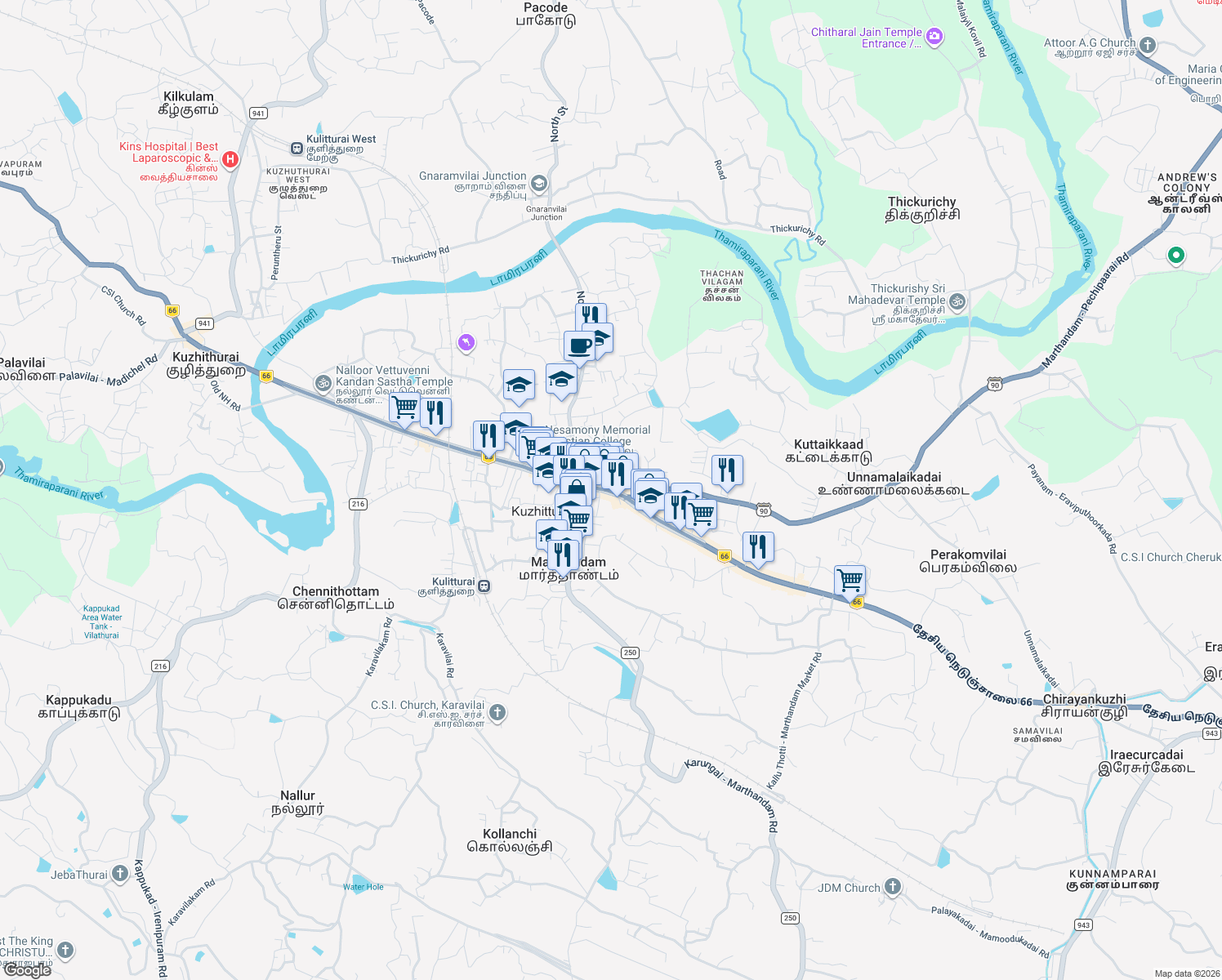 map of restaurants, bars, coffee shops, grocery stores, and more near Marthandam-Thengapattanam Road in Kanyakumari