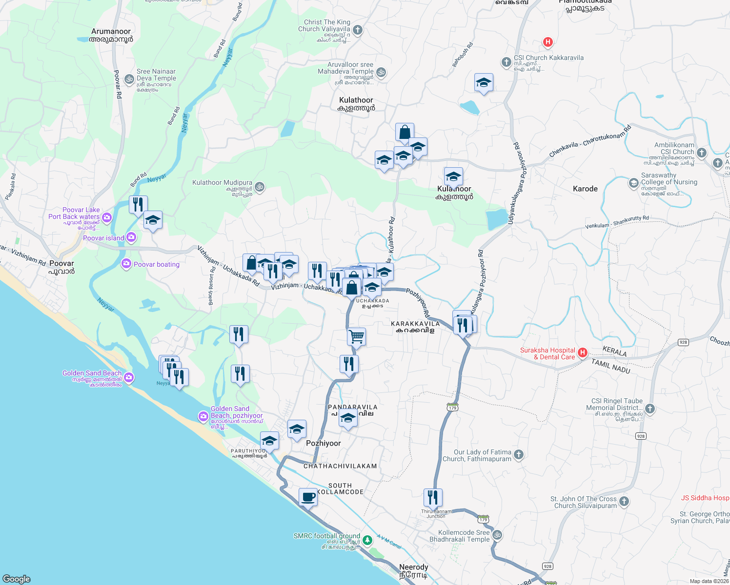 map of restaurants, bars, coffee shops, grocery stores, and more near Parassala - Kollengode/Poovar/Kovalam Road in Parassala