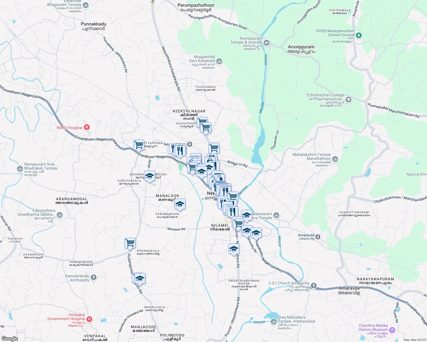 map of restaurants, bars, coffee shops, grocery stores, and more near Neyyattinkara Kattakada Road in Thiruvananthapuram