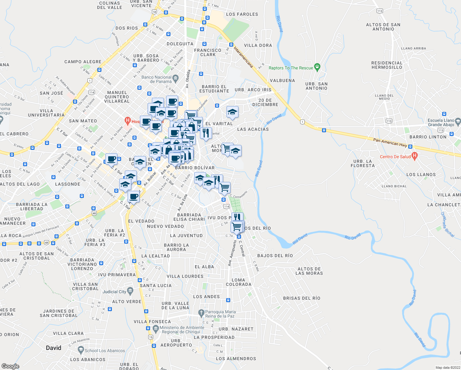 map of restaurants, bars, coffee shops, grocery stores, and more near Ave. Morazan in David