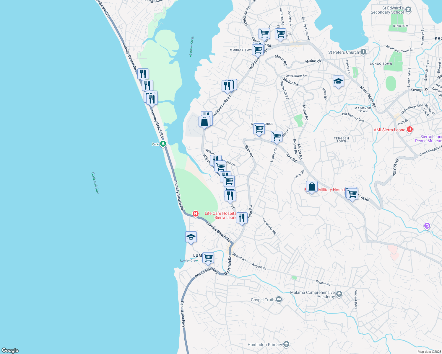 map of restaurants, bars, coffee shops, grocery stores, and more near 133 Wilkinson Road in Freetown