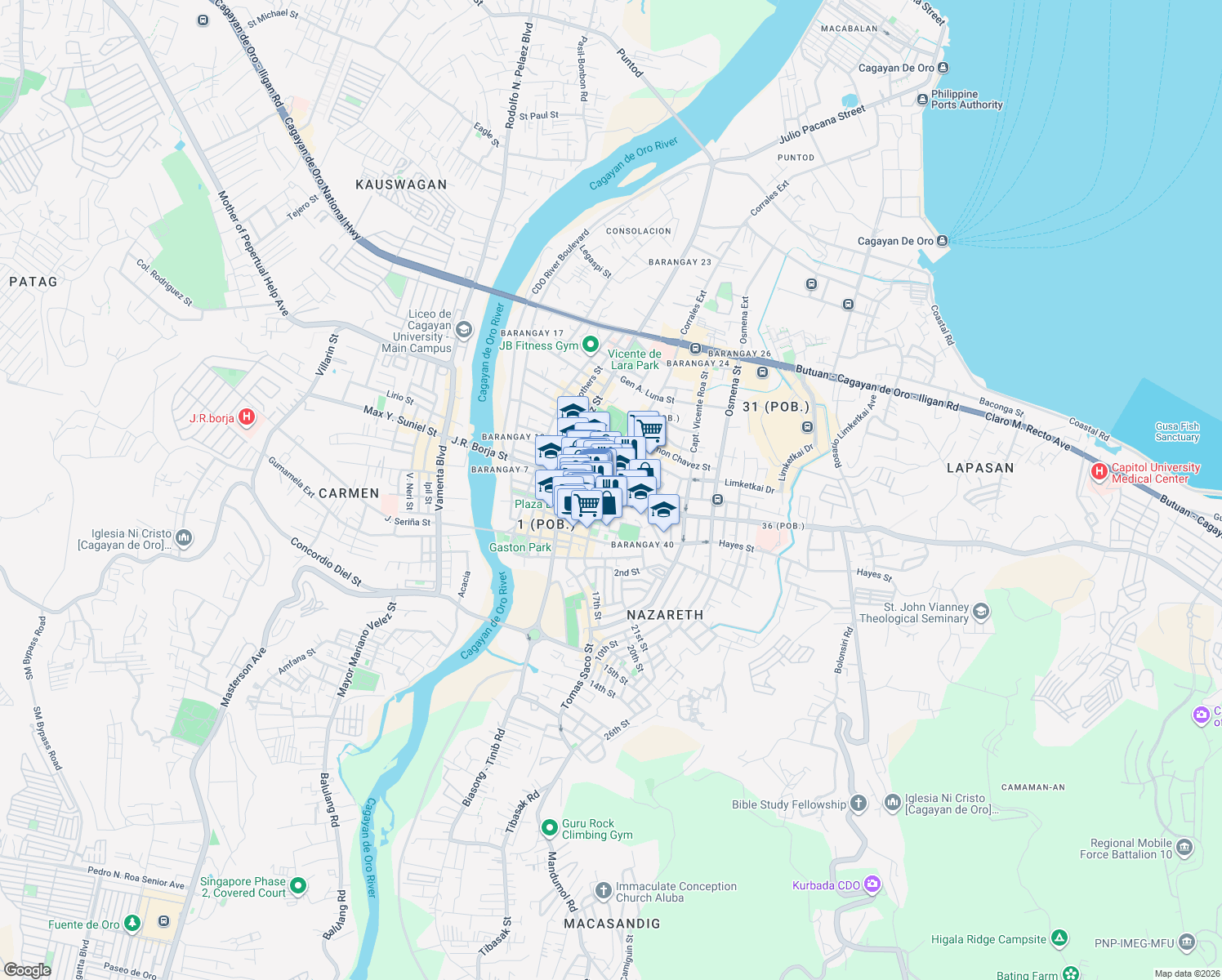 map of restaurants, bars, coffee shops, grocery stores, and more near Justiniano R. Borja Street in Cagayan de Oro