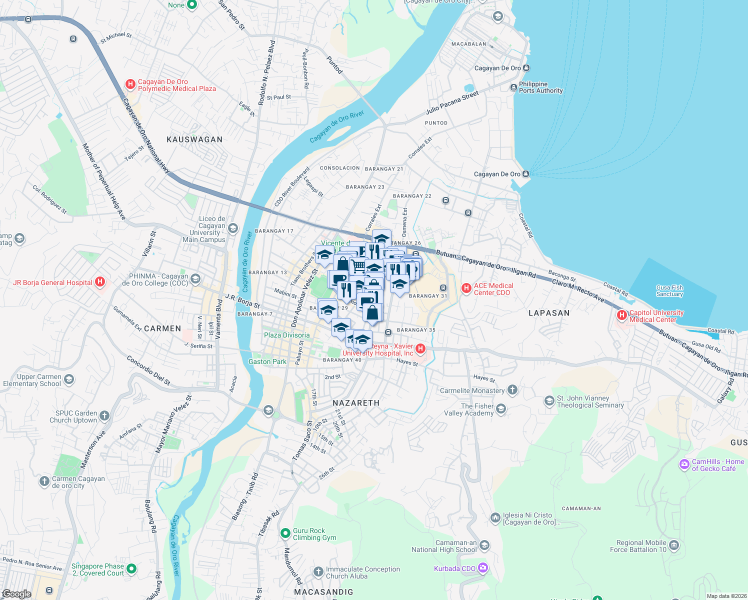 map of restaurants, bars, coffee shops, grocery stores, and more near Capt. Vicente Roa Street in Cagayan de Oro