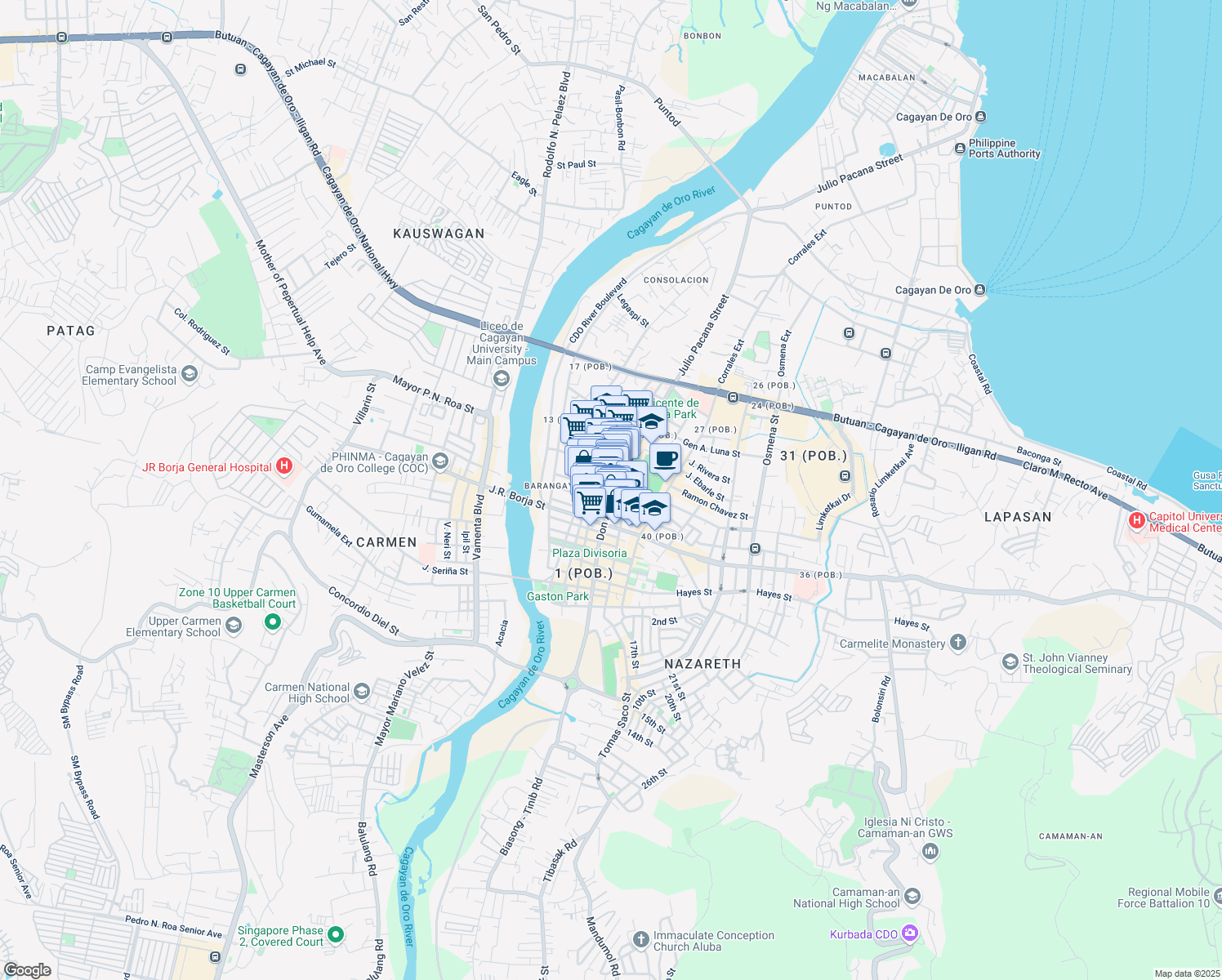 map of restaurants, bars, coffee shops, grocery stores, and more near Mabini Street in Cagayan de Oro