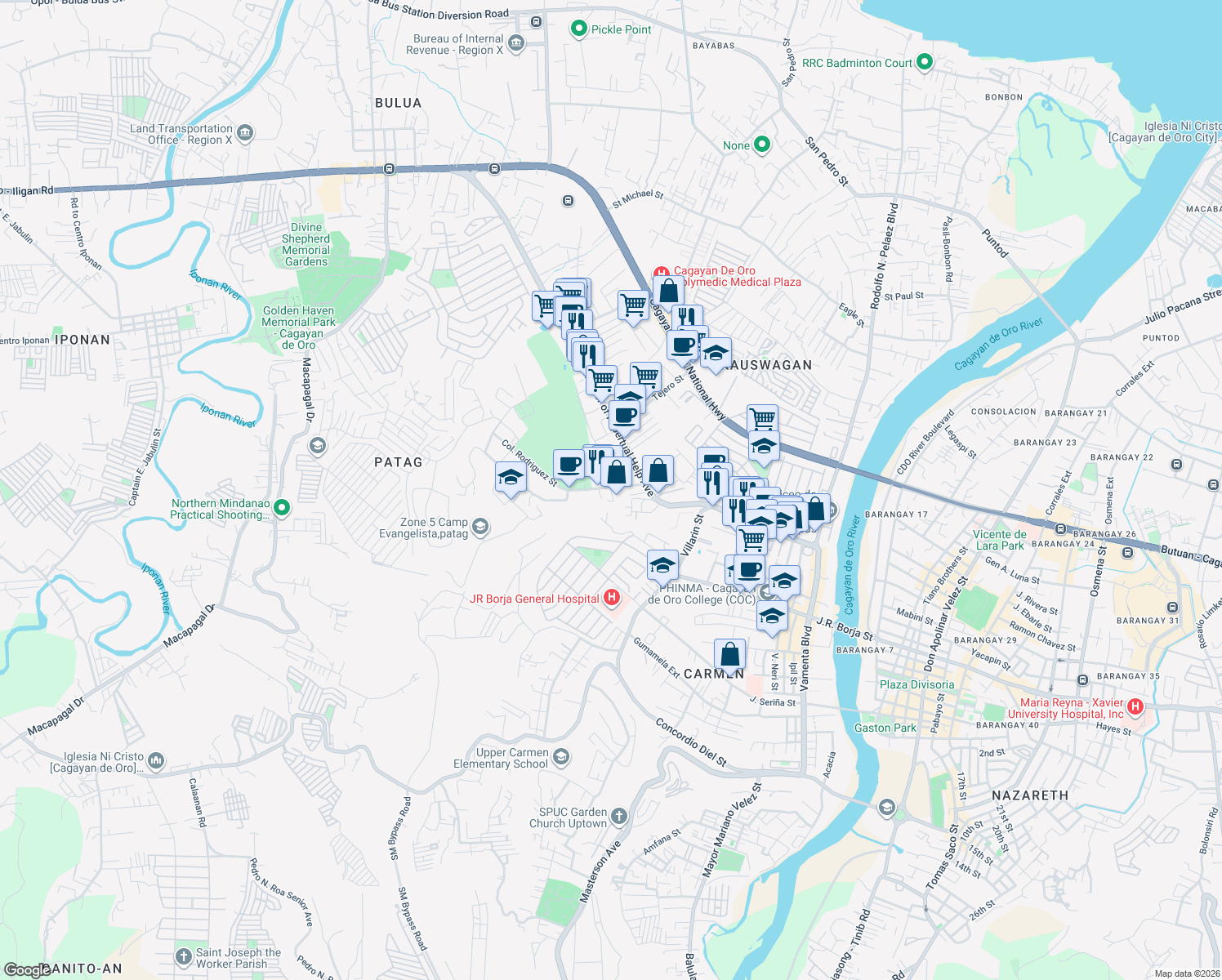 map of restaurants, bars, coffee shops, grocery stores, and more near Zone 2 Patag in Cagayan de Oro