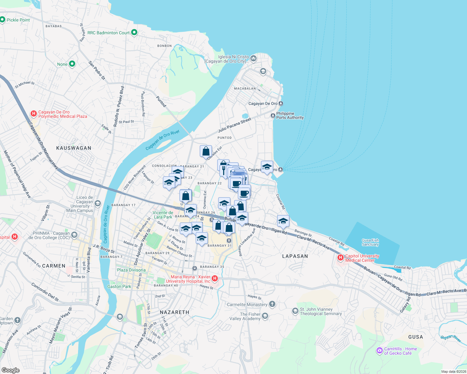 map of restaurants, bars, coffee shops, grocery stores, and more near Gaabucayan Street in Cagayan de Oro