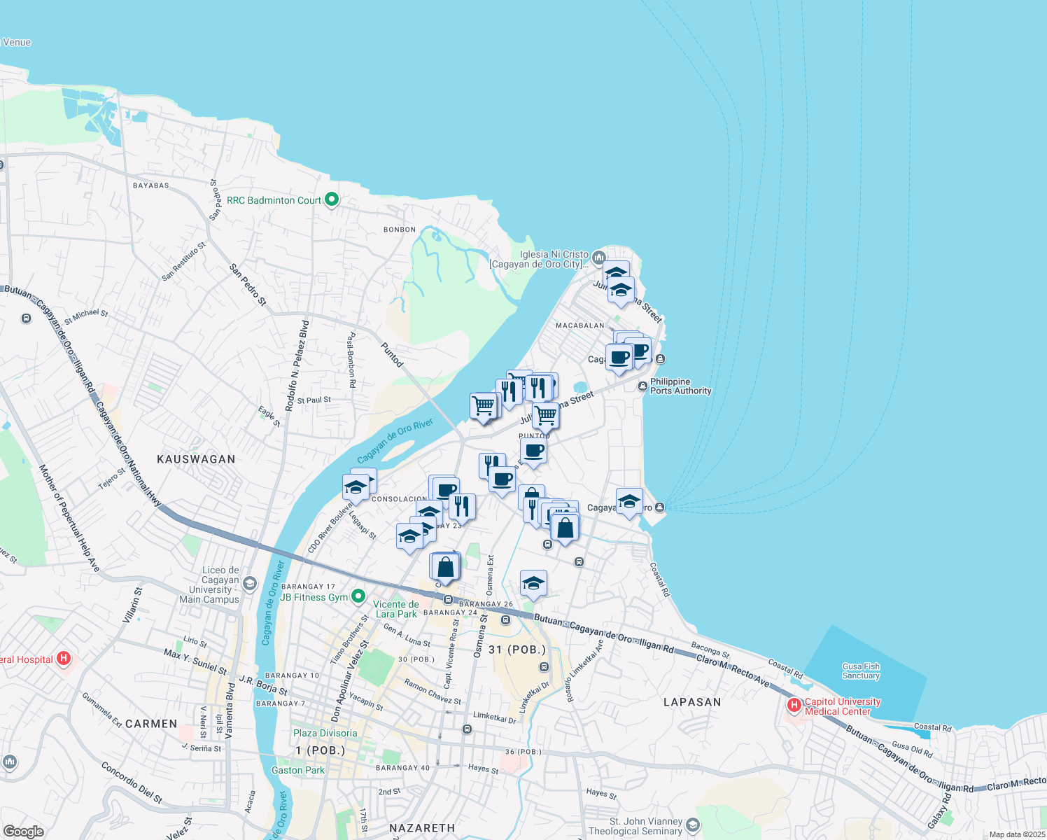 map of restaurants, bars, coffee shops, grocery stores, and more near Julio Pacana Street in Cagayan de Oro