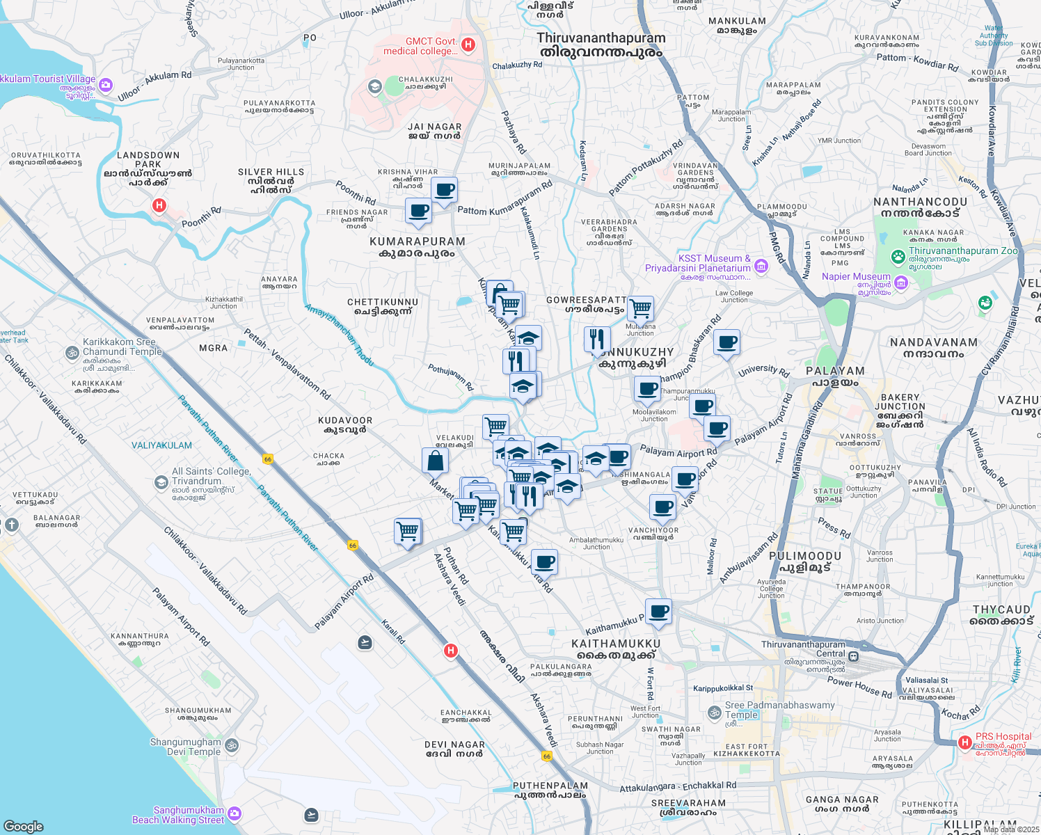map of restaurants, bars, coffee shops, grocery stores, and more near Kannammoola Palam Rd in Thiruvananthapuram